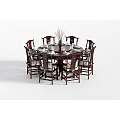 Traditional Round Dining Table Set With Eight Wooden Chairs And Tableware Vase 3d model