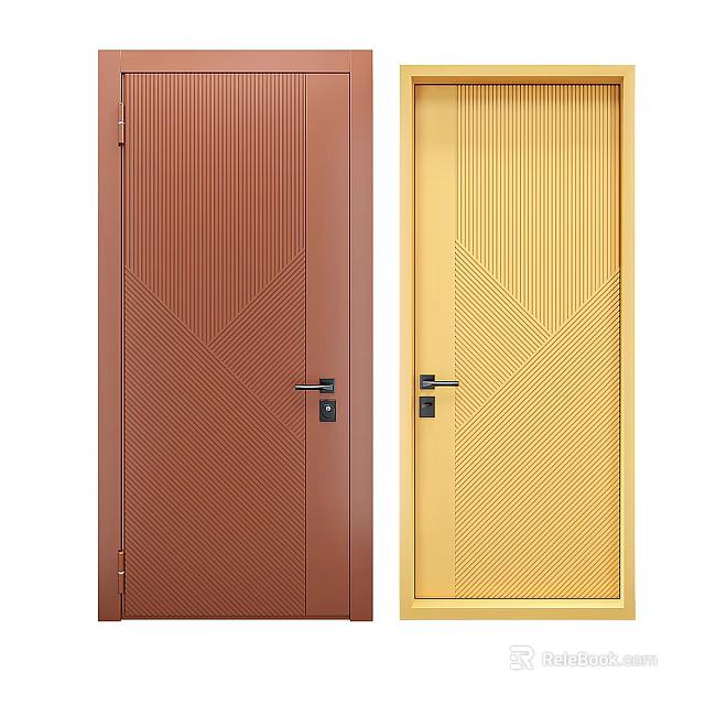 Brown and Yellow Swing Doors Featuring Vertical Stripes and V Shaped Pattern 3d model