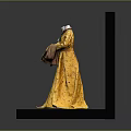 Clothing Display On Black Platform Featuring Mannequins With Brown Pants Gray Robe And Yellow Dress
