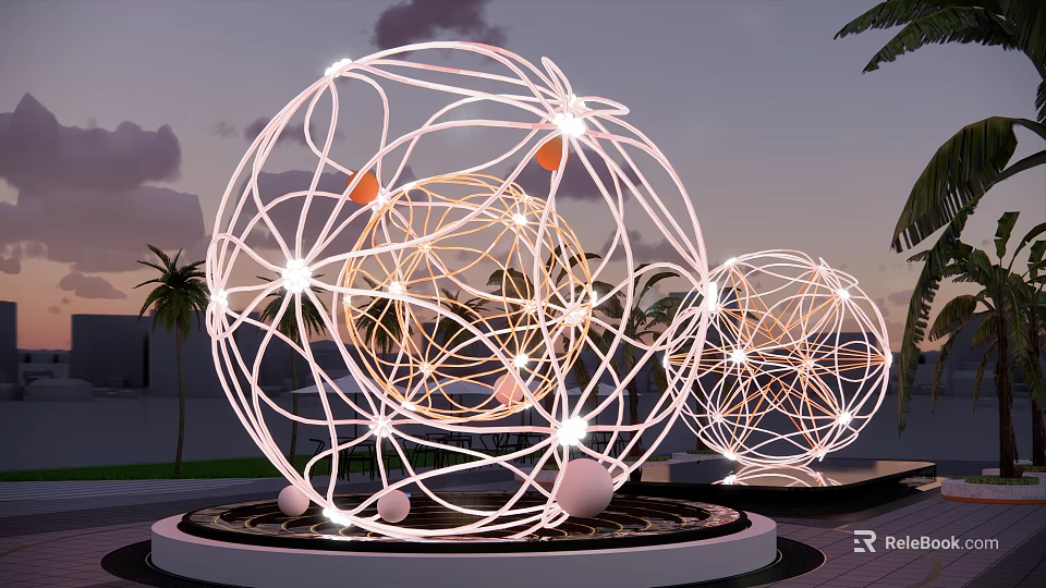 Illuminated Spherical Wireframe Sculptures With Palm Trees In Outdoor Twilight Sky 3d model 