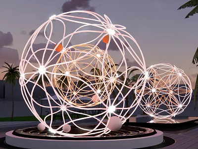 Illuminated Spherical Wireframe Sculptures With Palm Trees In Outdoor Twilight Sky 3d model