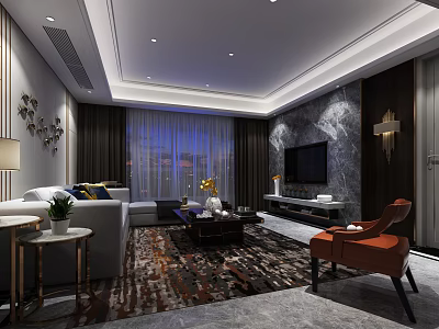 Modern Living Room Interior With Sofa Accent Chair Coffee Table TV Wall Art And Rug 3d model
