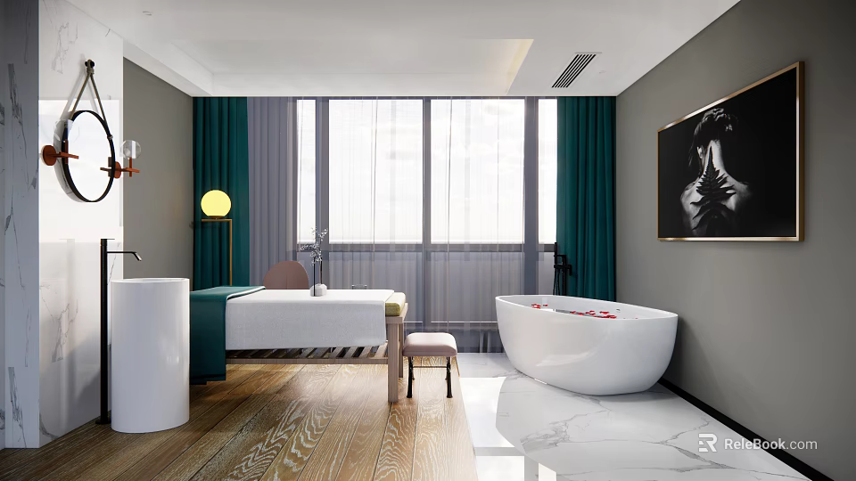 Elegant SPA Interior With Massage Bed White Bathtub Green Curtains Wooden Flooring And Natural Light 3d model 