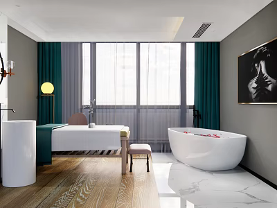 Elegant SPA Interior With Massage Bed White Bathtub Green Curtains Wooden Flooring And Natural Light 3d model