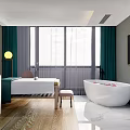 Elegant SPA Interior With Massage Bed White Bathtub Green Curtains Wooden Flooring And Natural Light
