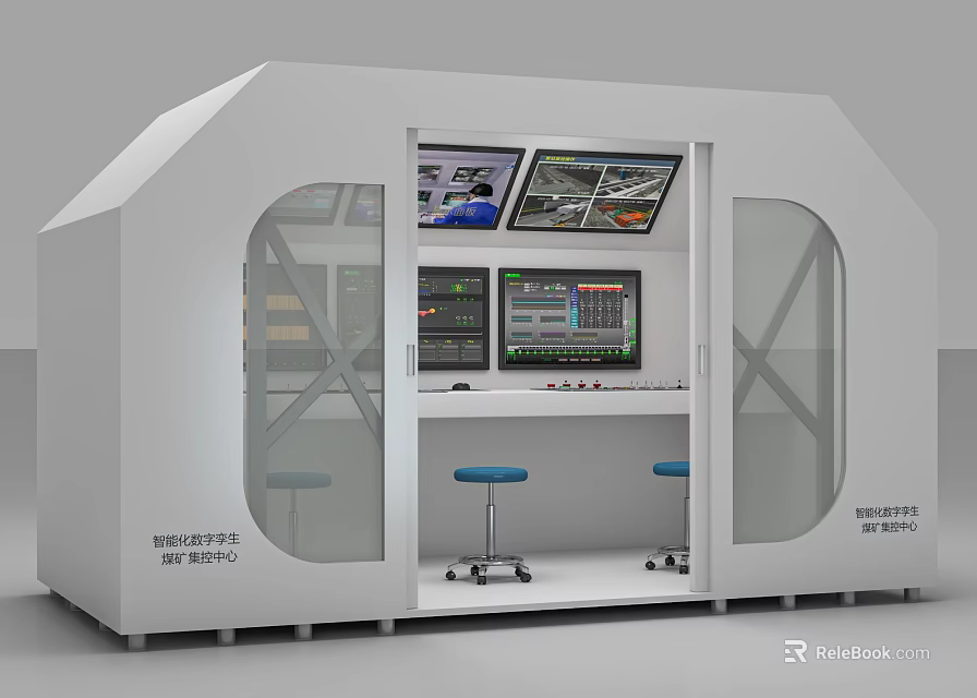 White Enclosed Industrial Control Equipment With Multiple Screens And Operation Console 3d model 