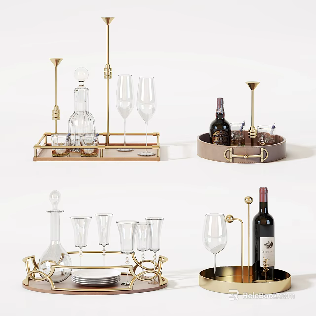 Elegant Modern Wine Serving Accessories With Gold Trays Glasses And Racks 3d model 