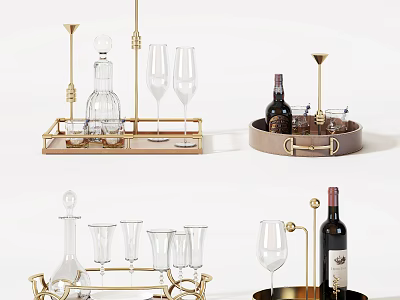Elegant Modern Wine Serving Accessories With Gold Trays Glasses And Racks 3d model