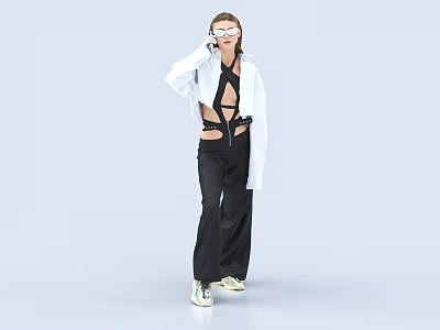 Woman In Modern Fashion Look With White Shirt Black Trousers Cut Out Waist And Sunglasses 3d model