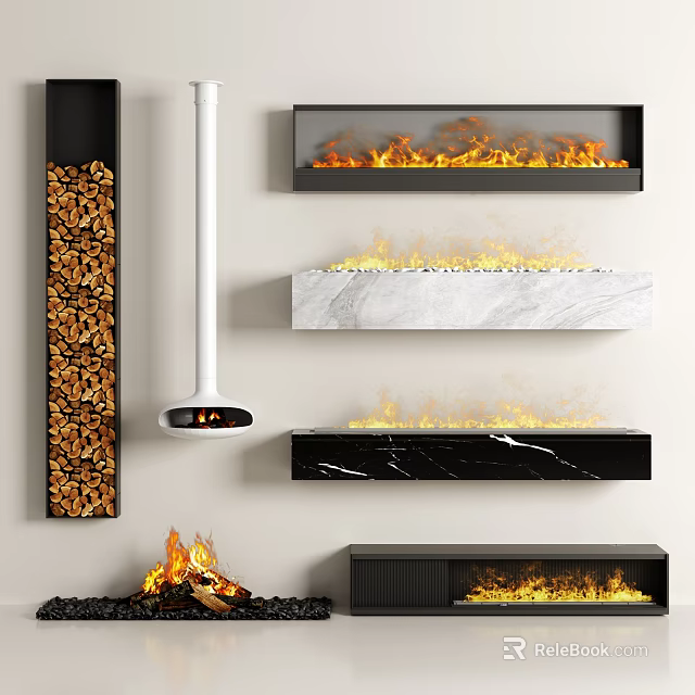 Various Modern Fireplace Designs With Marble Wooden Details And Real Flames 3d model 