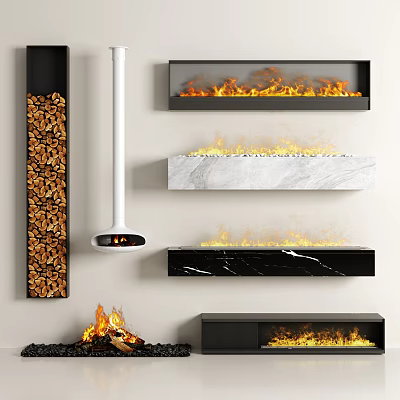 Various Modern Fireplace Designs With Marble Wooden Details And Real Flames 3d model