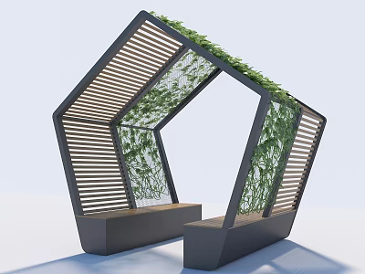 Modern Hexagonal Shade Canopy With Wooden Slatted Panels Green Vines And Bench Seats 3d model