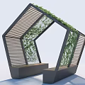 Modern Hexagonal Shade Canopy With Wooden Slatted Panels Green Vines And Bench Seats