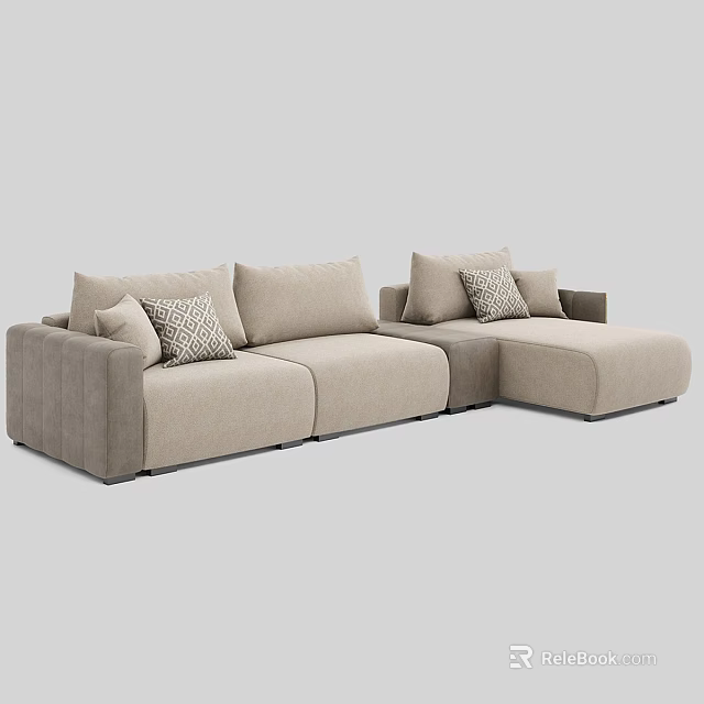 Modern Beige L Shaped Sectional Sofa With Soft Decorative Throw Pillows 3d model
