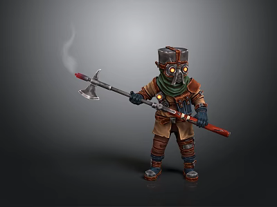 Steampunk Warrior Character In Brown Orange Armor With Helmet Goggles And Smoking Axe Spear Weapon 3d model