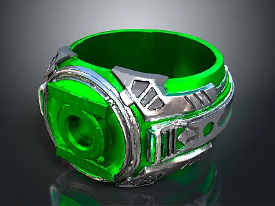 Futuristic Green And Silver Ring Design With Metallic Accents And Geometric Details 3d model