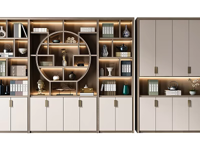 Modern Bookshelf Interior Design With Open Shelves Closed Cabinets Circular Elements And Decorative Vases 3d model