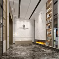 Elegant Modern Reception Area With Marble Countertop Built in Bookshelves Glass Door And Hanging Lights