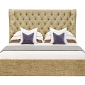 Stylish Double Bed With Tufted Linen Headboard White Sheets Purple Pillows And Gray Throw Blanket