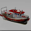 Red and White Working Boat with Deck Lifebuoy and Essential Equipment