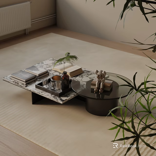 Modern Sofa And Coffee Table Set With Marble Glass Tops Decorative Books Plants 3d model 