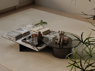 Modern Sofa And Coffee Table Set With Marble Glass Tops Decorative Books Plants 3d model
