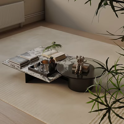 Modern Sofa And Coffee Table Set With Marble Glass Tops Decorative Books Plants 3d model