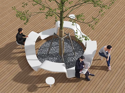 Modern Tree Pit Design With White Circular Benches Wooden Deck And People Seating Area 3d model