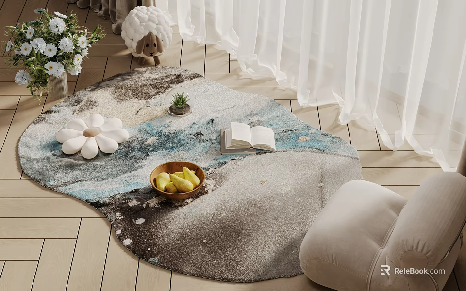 Square Area Rug Featuring White Flower Decoration Bowl of Fruits Open Book on Wooden Floor 3d model 