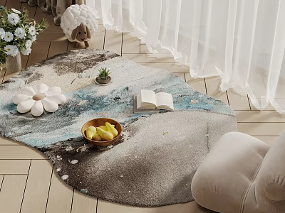 Square Area Rug Featuring White Flower Decoration Bowl of Fruits Open Book on Wooden Floor 3d model