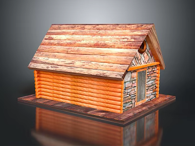 Wooden Log Cabin Structure With Rustic Roof And Stone Wall Details 3d model