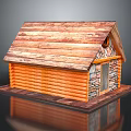 Wooden Log Cabin Structure With Rustic Roof And Stone Wall Details
