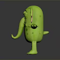 Green Spotted Cartoon Elephant With Big Ears And Sad Expression On Gray Background
