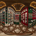 Luxury Bag Boutique Interior Featuring Green White Shelves Colorful Bags Arched Design And Patterned Floor