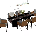 Modern Minimalist Dining Table Set With Beige Brown Chairs Tableware And Hanging Light 3d model
