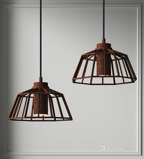 Rustic Brown Metal Frame Pendant Lights With Cage Design And Cylindrical Body 3d model 