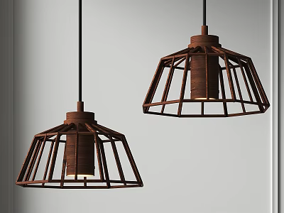 Rustic Brown Metal Frame Pendant Lights With Cage Design And Cylindrical Body 3d model