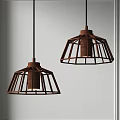 Rustic Brown Metal Frame Pendant Lights With Cage Design And Cylindrical Body 3d model