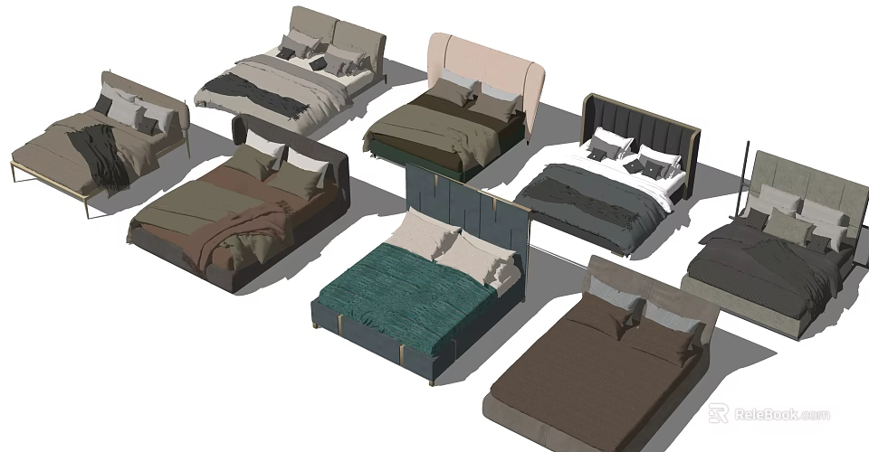 Double Bed With Upholstered Headboards Various Color Tones Modern Styles 3d model