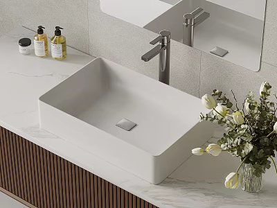 White Rectangular Washbasin On Marble Countertop With Wooden Cabinet And Flower Vase 3d model