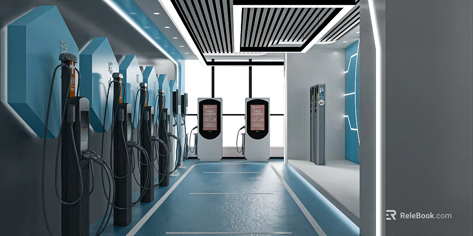 Modern Electric Vehicle Charging Station Interior With Multiple Charging Piles And Equipment 3d model 