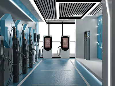 Modern Electric Vehicle Charging Station Interior With Multiple Charging Piles And Equipment 3d model