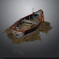Old Red White Hull Water Transport Boat With Wooden Crate Orange Life Jacket On Mud