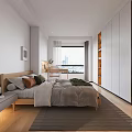 Modern Bedroom Interior With Wooden Bed Gray Brown Quilt Desk Bookshelf And Metal Chair