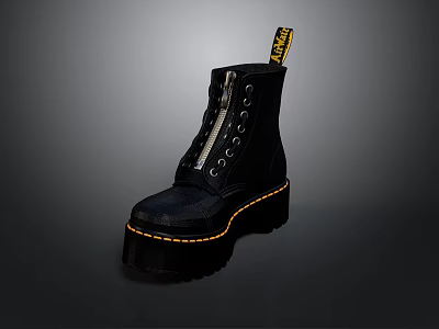 Stylish Black Platform Boots With Thick Sole Yellow Stitching And Brand Tag 3d model