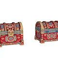 Ornate Decorative Vintage Chests Red With Blue And Gold Patterns And Golden Lock