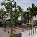 Modern Detached Villa Exterior Design With Large Glass Windows Wooden Walkway And Courtyard Greenery