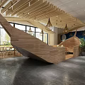 Modern Restaurant Interior Featuring Wooden Structure Pendant Lights Large Windows Seating Area And Dark Flooring