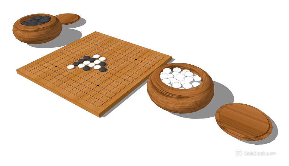 Traditional Go Board Game Entertainment With Wooden Board Black White Stones And Bowls 3d model 