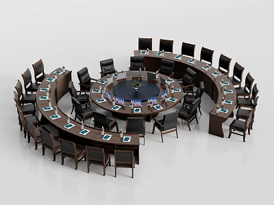 Spiral Shaped Conference Table With Multiple Chairs Water Glasses And Documents In Office Meeting Room 3d model